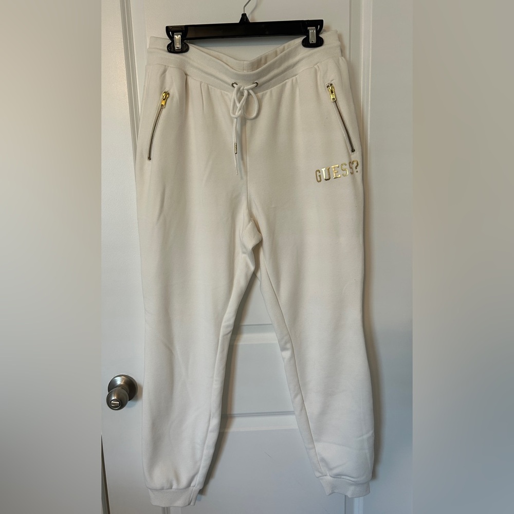 Guess White Gold Logo Zip Pocket Jogger Sweatpants Women’s Size L
